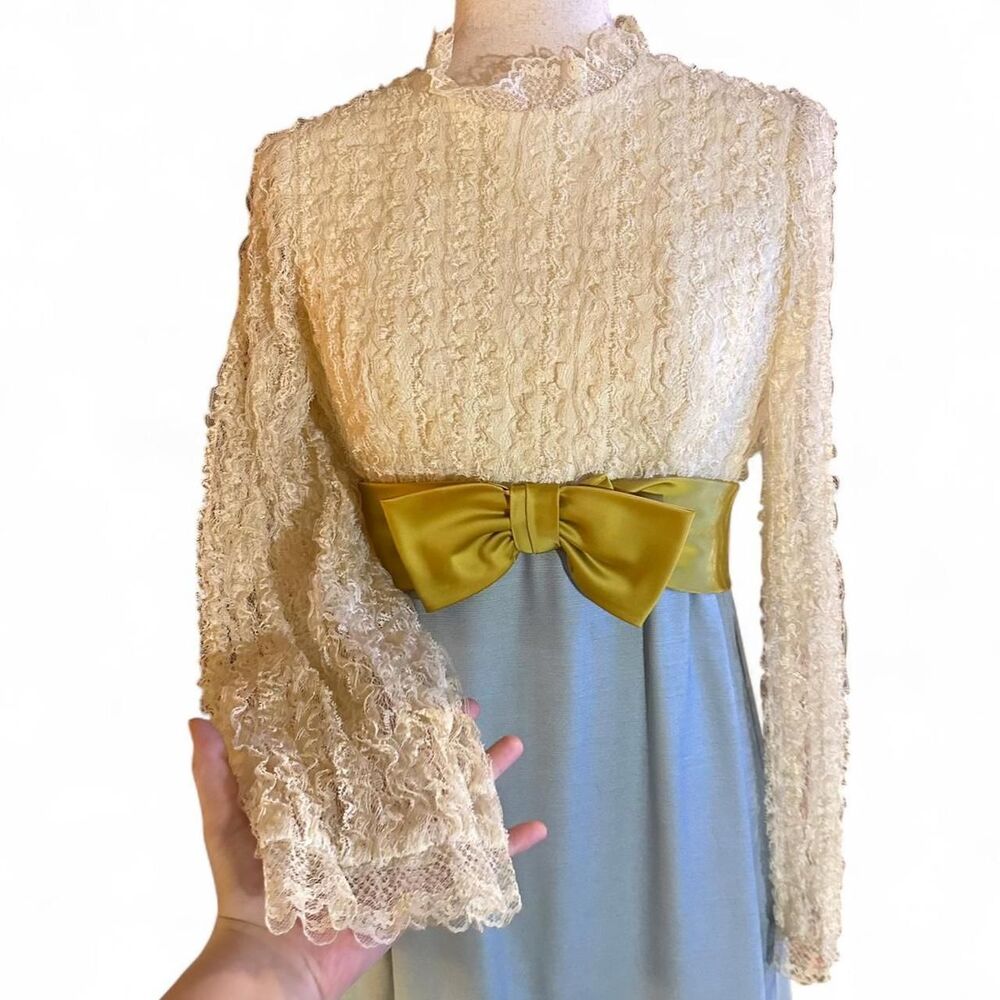 60s Lace Blue, Chartreuse w/ Creme Empire Waist w/Satin Bow Belted Prairie Dress - Picture 2 of 7